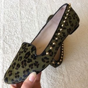 Zara Green Leopard Print Studded Moccasins 37